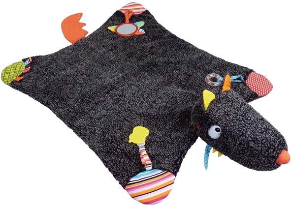 EBULOBO Louloup Aktivitätsspielmatte – weiche Tierfell-Spieldecke mit Sensorikelementen, 100 × 70 cm