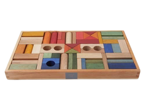 WOODEN STORY Blocs arc-en-ciel en bois dans un plateau – 54 pièces