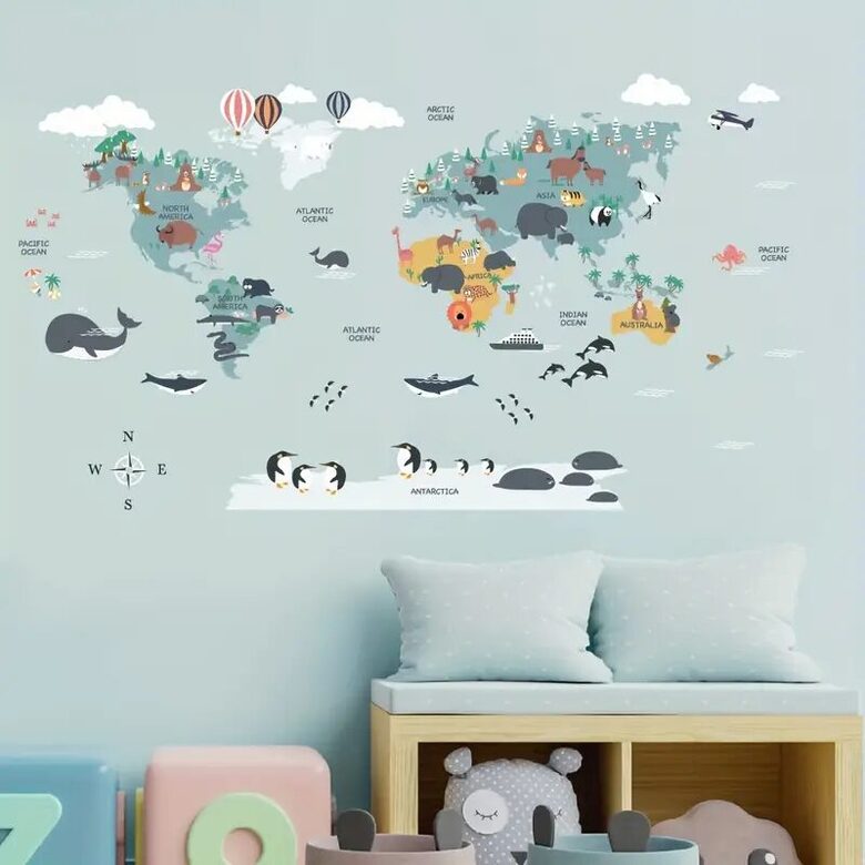 KUU & Co stickers muraux carte du monde avec animaux pour chambre d’enfant