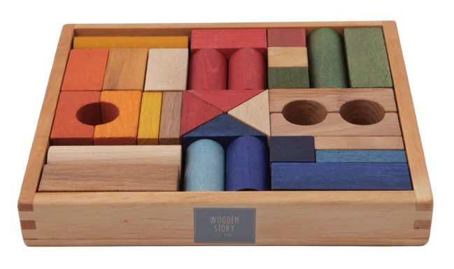 WOODEN STORY Regenbogen-Holzbausteine im Tablett – 30 Stück
