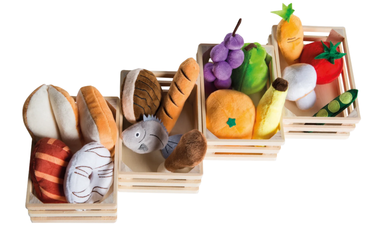 ROBA – 4 Holzkörbe mit Stofflebensmitteln für Kinderküche und Kaufladen