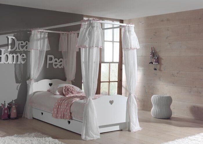 VIPACK Amori baldahīna gulta ar tekstilu un izvelkamo atvilktni, 90 × 200 cm, balta