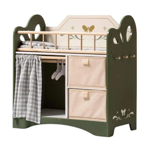 ROBUD bērnu koka leļļu gultiņa ar uzglabāšanas plauktiem – zaļa