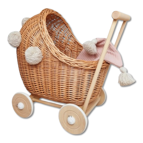 WICKLIBOX Puppenwagen aus Korbgeflecht mit Buchenholzrädern, naturfarben mit Textilbettset