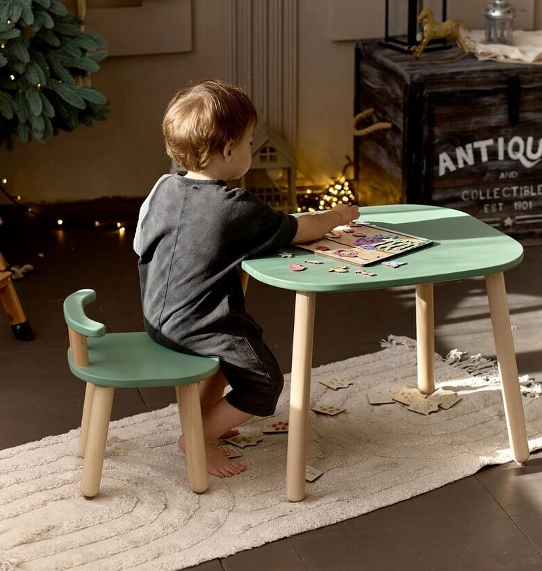 ODEAS Kindertisch und Stuhl-Set aus Holz – 50×60 cm