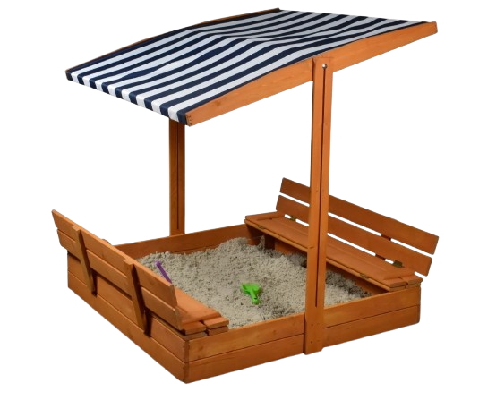 VIKINGCHOICE smilšu kaste ar jumtiņu, soliem un rotaļlietām – 120x120x120 cm