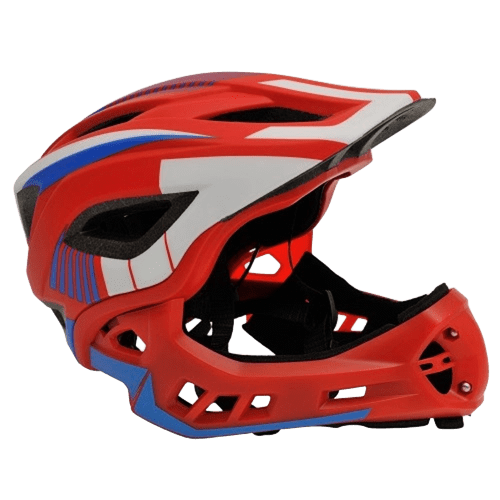 KIDDIMOTO Ikon bērnu ķivere ar noņemamu zoda aizsargu sarkanā–zilā krāsā