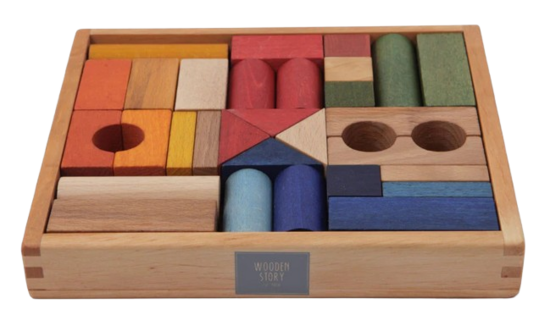 WOODEN STORY Blocs arc-en-ciel en bois dans un plateau – 30 pièces