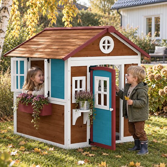 MH HANDEL Wooden garden playhouse with flower boxes and pots
