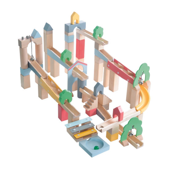 ROBA Holz-Kugelbahn „Marble Run Made of Wood“, 60 Teile + 20 Landschafts-Erweiterungselemente