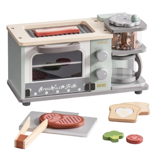Micro-ondes, cafetière et set de sandwichs en bois ROBUD