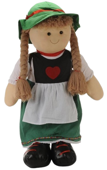 ES TOYS Weiche Stoffpuppe Anne mit Dirndl, Hut und Rucksack – 100 cm