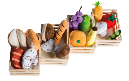 ROBA – 4 Holzkörbe mit Stofflebensmitteln für Kinderküche und Kaufladen
