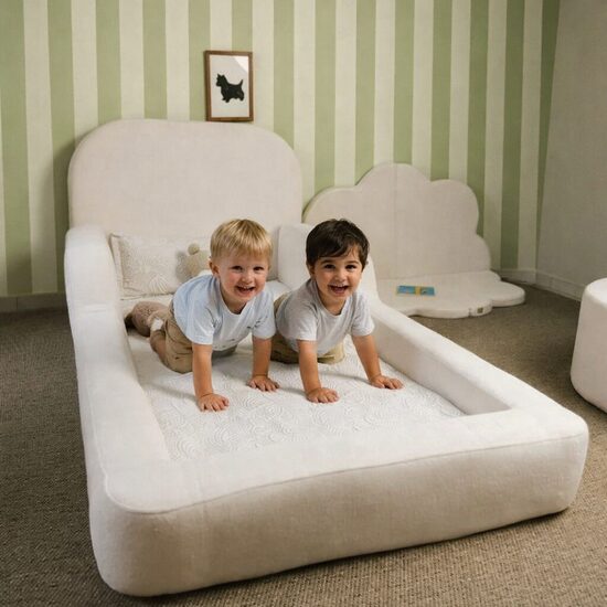 LUULA Montessori Boden-Foam-Bett Ylo mit Matratze 160×80, Bouclé-Stoff Macadamia (vakuumverpackt)