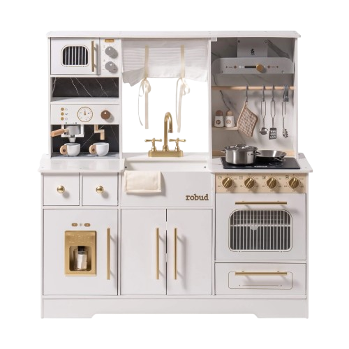 ROBUD cuisine en bois blanche pour enfants avec machine à café et distributeur de glaçons