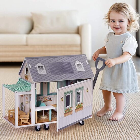 ROBUD Holz-Camper-Puppenhaus mit Griff und Rollen