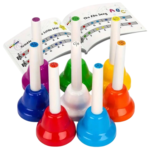 SENSE PLAY krāsainu roku zvaniņu komplekts bērniem – 8 skaņas no Do līdz Do