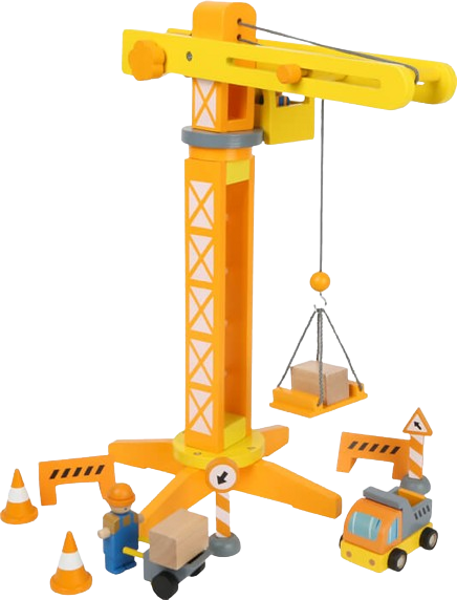 SMALL FOOT Wooden Crane with Construction Site Accessories – 360° Rotation & Moving Boom