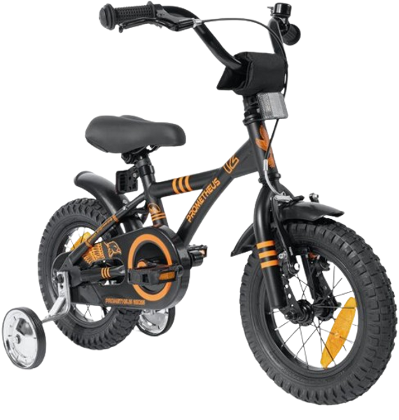 PROMETHEUS Vélo pour enfants 12 pouces à partir de 3 ans incl. roues de support et pack de sécurité en noir orange mat