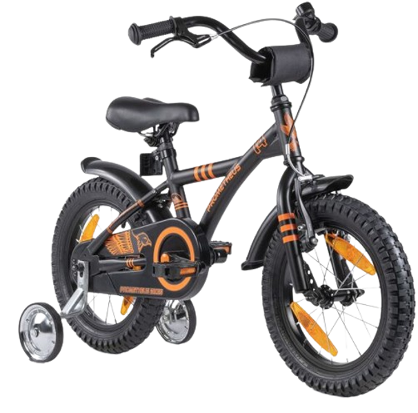 PROMETHEUS 14 inch children's bike from 4 years incl. support wheels and safety package in black matt orange