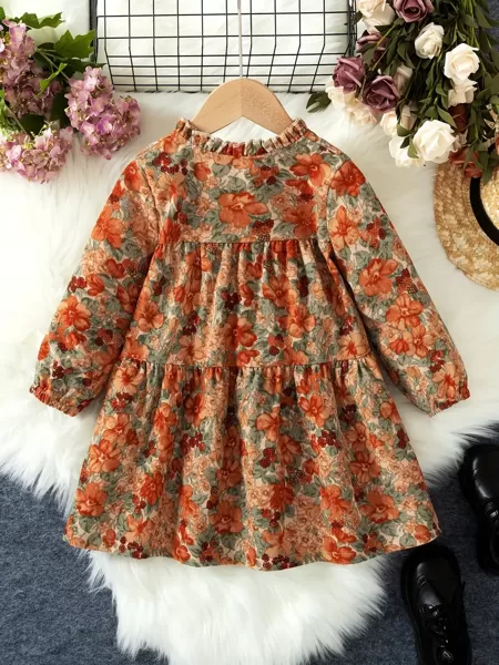 MINI-UNI CHIC Vintage Flowers Print Long-Sleeve Dress for Girls