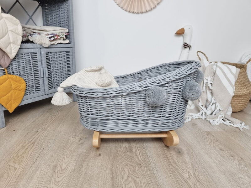 WICKLYBOX Wicker & Beech Wood Doll's Cradle - Gray