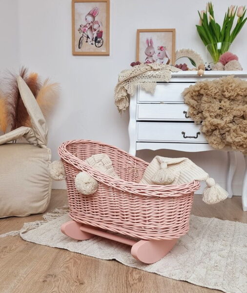 WICKLYBOX Wicker & Beech Wood Doll's Cradle - Dusty Pink